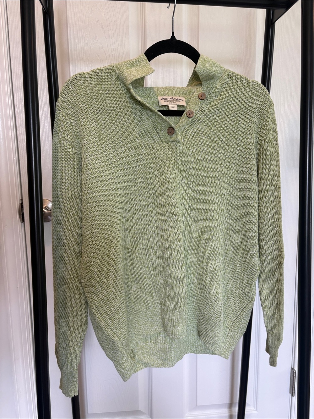 Norm Thompson Light Green Cotton Linen Button Collar Sweater